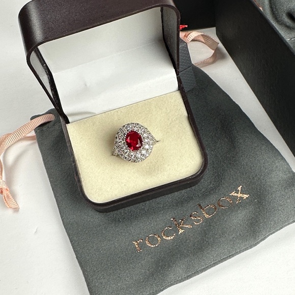 Rocksbox Jewelry - 925 Sterling Silver Red Oval Halo Ring Womens Size 6 Cocktail Statement Regal